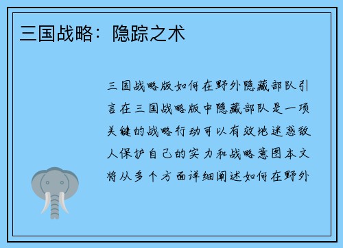 三国战略：隐踪之术